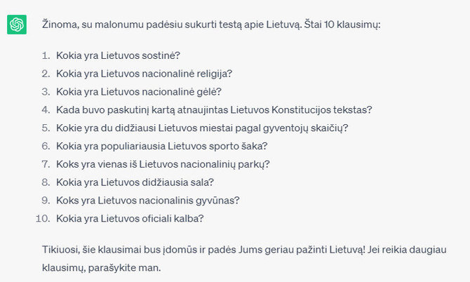 10 klausimų apie Lietuvą, „Chat GPT“ kūryba