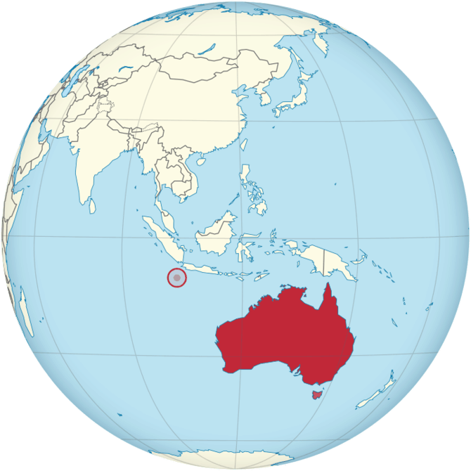 Wikimedia Commons pav./Kalėdų salos vieta žemėlapyje, pažymėta apskritimu. Australijos pagrindinė dalis pažymėta raudonai