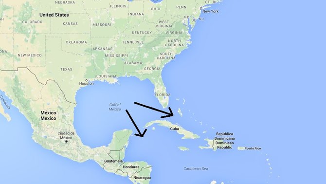 Laivybos keliai iš Meksikos įlankos, abu vedantys pro Kubą. 