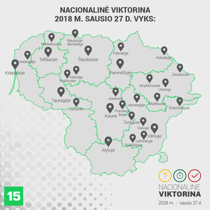 15min iliustracija/Miestų., kuriuose vyks 2018 m. Nacionalinė viktorina, žemėlapis