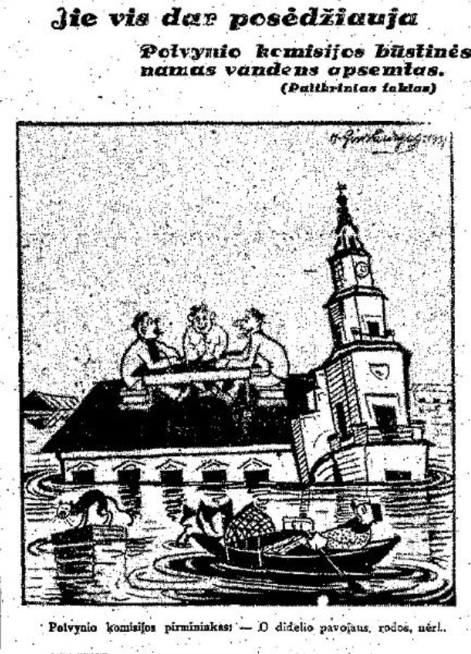 epaveldas.lt nuotr./Tarpukario karikatūra, pašiepianti Kauno valdžios nesugebėjimą susidoroti su potvynio pasekmėmis