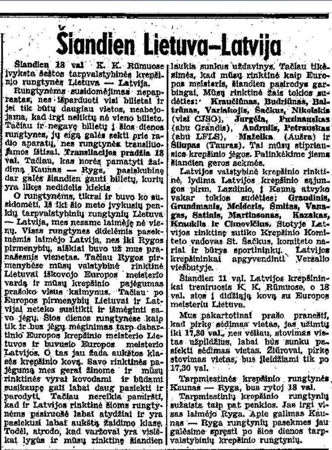 epaveldas.lt nuotr./Lietuva-Latvija rungtynių aprašymas iš 1938 m.