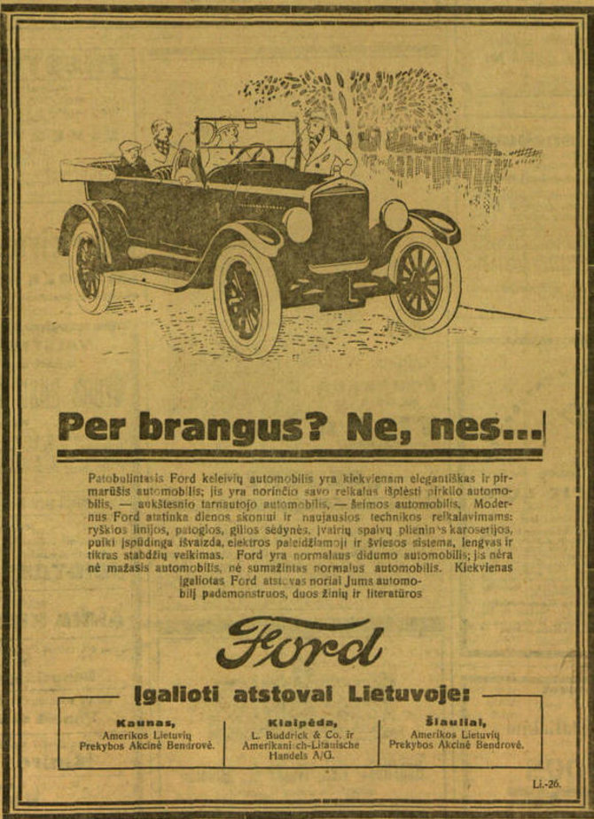 epaveldas.lt nuotr./Ford reklama "Lietuvos žinių" straipsnyje 1926 m.