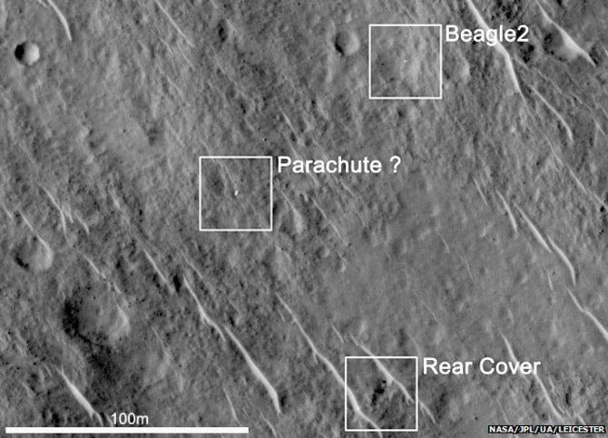 NASA/ Leisesterio universiteto nuotr./„Beagle 2“, jo parašiutas  ir galinid dangtis