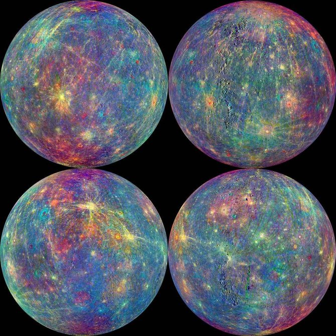 NASA nuotr./Merkurijaus atmosferos ir paviršiaus sudėties duomenys. Spalvos, kurios buvo įtrauktos tam, kad būtų lengviau daryti tyrimus, simbolizuoja skirtingas paviršiaus medžiagas
