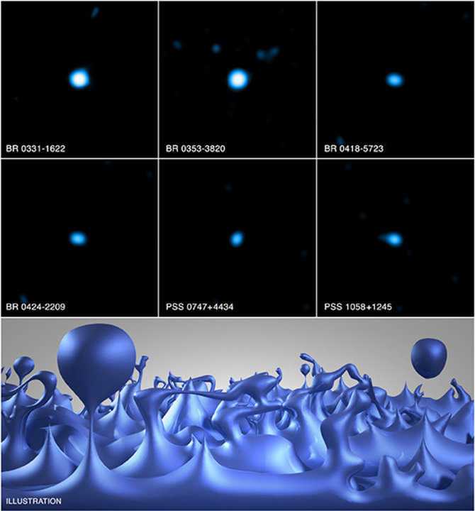 X-Ray observatorijos nuotr./Tolimų kvazarų stebėjimas rentgeno spindulių ruože Chandra (viršuje). Dailininko iliustracija (apačioje) vaizduoja, kaip gali atrodyti putota erdvėlaikio struktūra