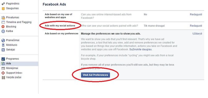 „Facebook“ reklamos nustatymai