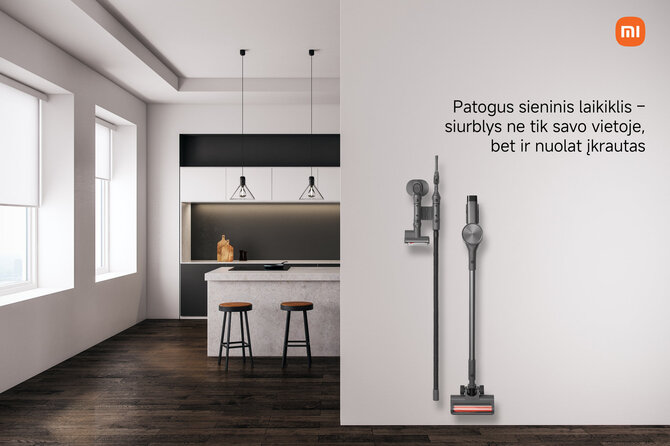 Gamintojo nuotr./XIAOMI siurblius-šluotas galima patogiai pakabinti ir krauti ant sienos
