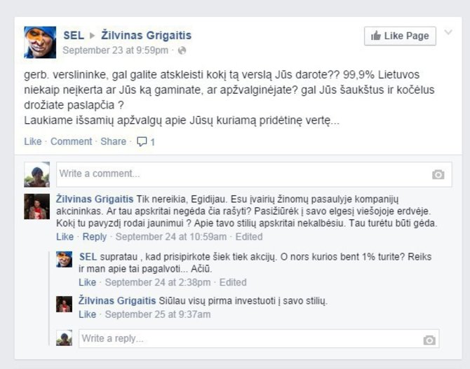 Facebook nuotr./Egidijaus Dragūno ir Žilvino Grigaičio susirašinėjimas