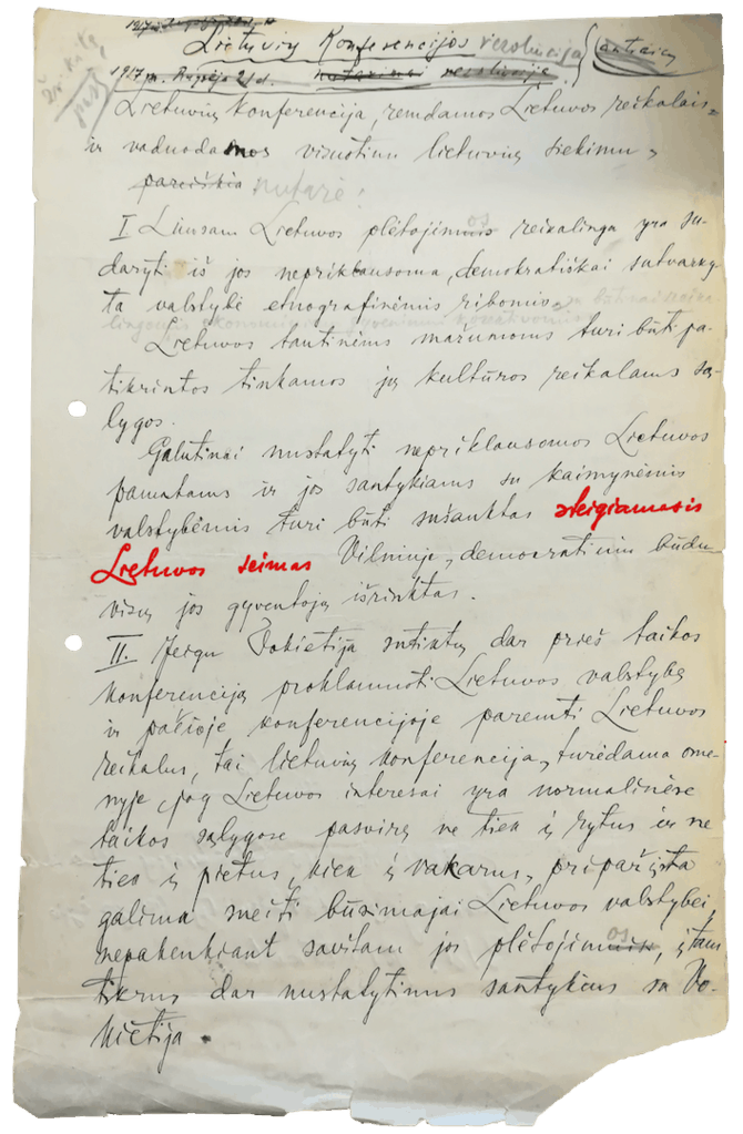 Rare Books and Manuscripts, University of Pennsylvania/Jurgio Šaulio ranka rašyta 1917 rugsėjo 18-22 d. rezoliucija. Ms. Coll. 1243, Kislak Center for Special Collections. 