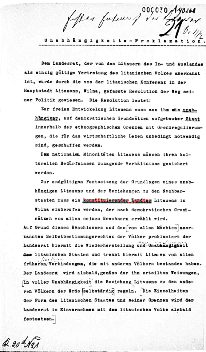 Politisches Archiv des Auswärtigen Amts/1917 m. gruodžio 1 d. dokumentas, pavadintas „Nepriklausomybės proklamacija“ (vienas iš būsimosios gruodžio 11 d. deklaracijos prototipų). 