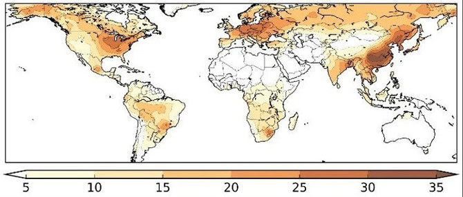 Pasaulio žemėlapis parodantis bendros antropogeninės (žmogaus sukeltos) taršos poveikį (procentais) mirtingumui nuo COVID‑19 (Pozzer ir kt. 2020) © 2020, Max-Planck-Gesellschaft