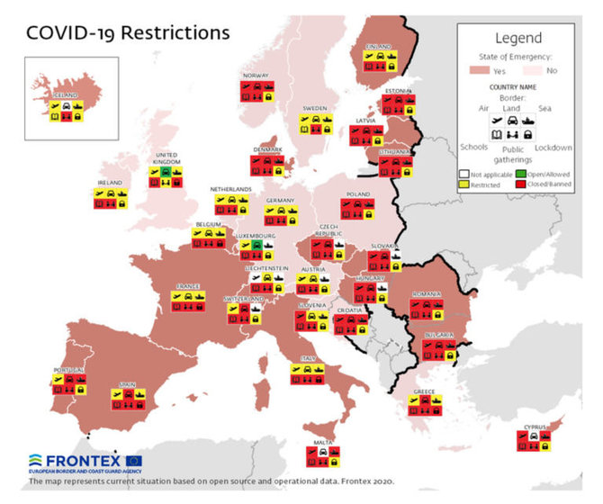 frontex.europa.eu nuotr./Per karantiną įvairiose Europos šalyse įvesti ribojimai