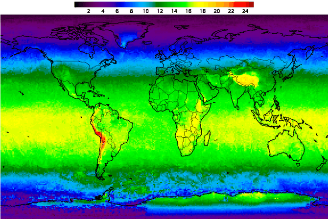 Ultravioletinių spindulių indeksas (UVI), parodantis saulės intensyvumą skirtingose Žemės vietose.
