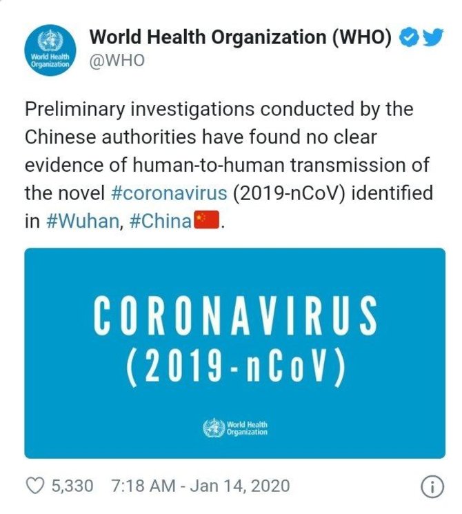 „Twitter“ nuotr./PSO dar sausį tikėjo Kinijos specialistais, teigusiais, kad žmogus žmogui negali perduoti naujojo koronaviruso