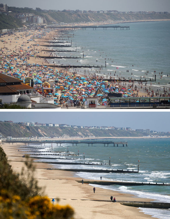 „Scanpix“/„PA Wire“/„Press Association Images“ nuotr./Bornmuto paplūdimys Anglijos pietuose pernai rugsėjį (viršuje) ir pirmadienį (apačioje)
