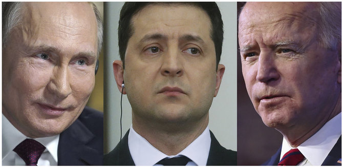 AFP/„Scanpix“ nuotr./V.Putinas, V.Zelenskis ir J.Bidenas