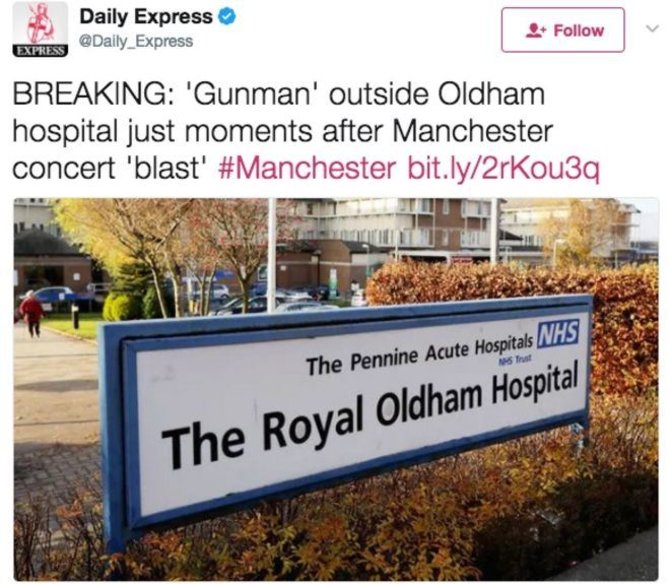 „Twitter“ nuotr./Jokio ginkluoto vyro prie ligoninės Oldamo mieste nebuvo
