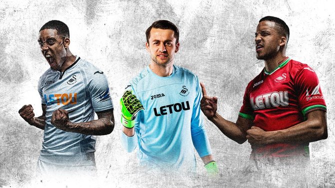 „Facebook“ nuotr./„Swansea City“ futbolininkai su nauja 2017/2018 metų sezono apranga