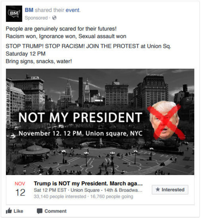 „Facebook“ nuotr./Jau po rinkimų kviesta į protestą prieš D.Trumpo pergalę