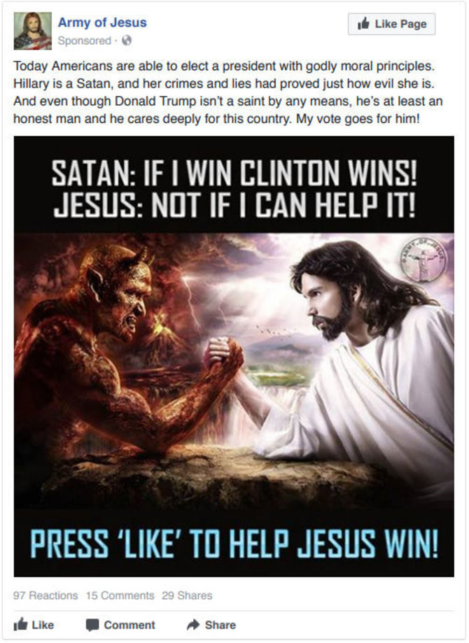 „Facebook“ nuotr./H.Clinton šiame skelbime lyginama su velniu