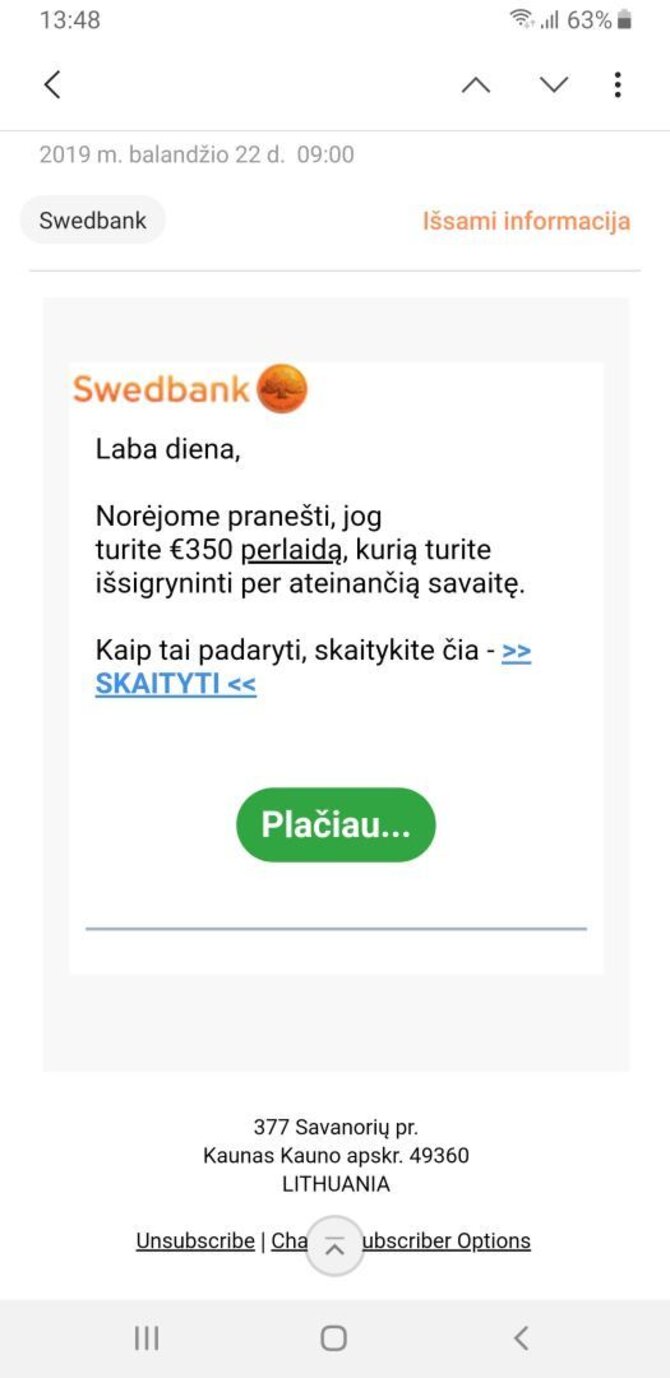 Melagingas sukčių pranešimas