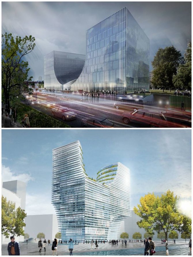 Viršuje – „Cloud architektų“ projektuoti Teismų rūmai, apačioje – Hangdžou bokštas Kinijoje, „JDS Architects“