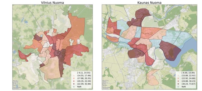 2 pav. Vilniaus ir Kauno mikrorajonų poligoninis žemėlapis sudarytas pagal 4 mėnesių (2020 m. gegužės - rugpjūčio mėn.) vakansijų vidurkį.