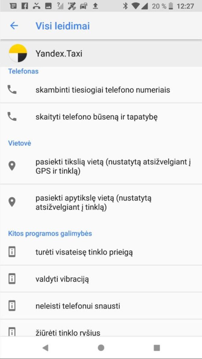 NKSC iliustr./„Yandex. taxi“ programėlės prašomi leidimai