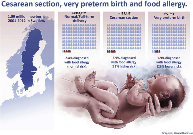 Nacionalinė Švedijos kohorta (net 1 086 378 vaikų, gimusių 2001-2012) ir jos vienas iš tyrimų liudija, kad vaikai, gimę Cezario operacijos būdu, rizikuoja dažniau sirgti alergijomis nuo maisto produktų. 