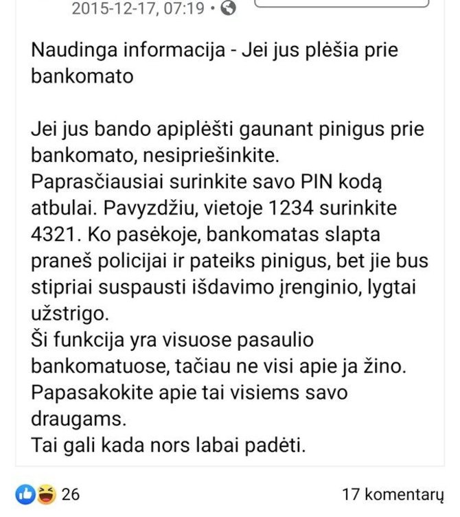 Facebook.com/Feisbuke – informacija „kaip elgtis, jei jus apiplėšinėja prie bankomato“