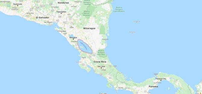 Google Maps iliustr./Nikaragvos ežeras (apibrauktas raudonai)