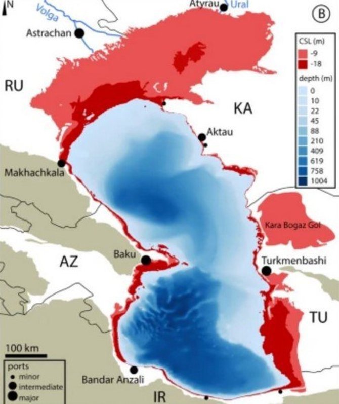 M.Prange iliustr./Kaspijos jūros vandens lygio mažėjimas: raudonai pažymėtoms dalims gresia išdžiūvimas