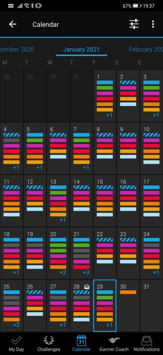 V.Neverausko/15min nuotr./„Garmin Connect“ programėlės rodomi kalendoriniai fizinio aktyvumo duomenys: pasirinkę bet kurią dieną gausite išsamius būtent tos dienos duomenis