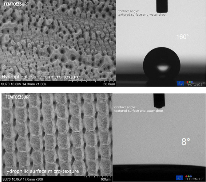„FemtoSurf“ projekto nuotr./Štai kaip skiriasi lazeriu apdoroto paviršiaus su hidrofobinėmis (viršuje) ir hidrofilinėmis (apačioje) savybėmis mikroskopinis vaizdas