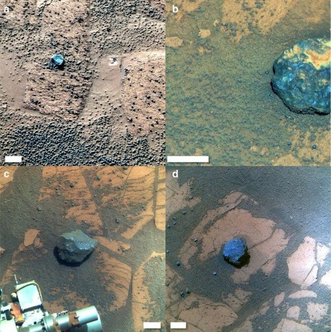 C.Schröderio ir kolegų nuotr./Tiriami meteoritai: Barberton (a), Santa Catarina (b), Santorini (c), Casos (d)