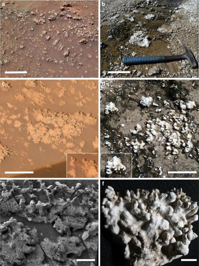 S.Ruffo, J.Farmerio, NASA nuotr. koliažas/Silicio dioksido nuogulos Gusevo krateryje (kairėje) lyginamos su El Tatio, Čilėje (dešinėje)
