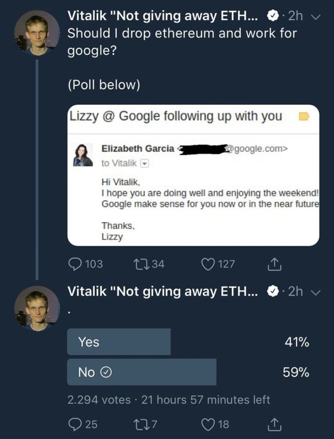 „Twitter“ nuotr./„Google“ kvietimas Vitalikui Buterinui