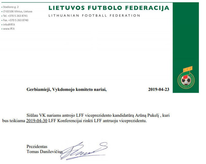 LFF dienotvarkėje numatytas klausimas dėl A.Pukelio kandidatūros tapti federacijos viceprezidentu.