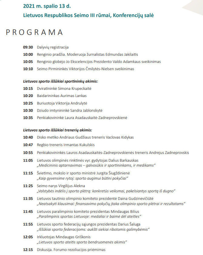 Lietuvos sporto ateities forumo Seime programa