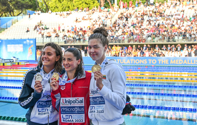 Lithuanian Swimming Federation/Darius Kibirkštis photo/Lisa Mamie (middle), Martina Carraro, and Kotryna Tetervkova (right)
