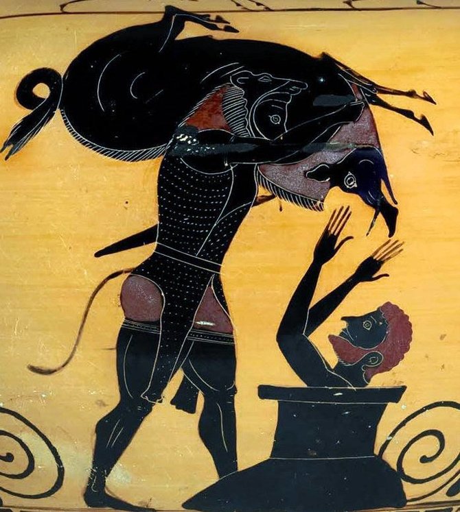 Heraklis neša nudobta šerną. Piešinys ant Antikos laikų vazos