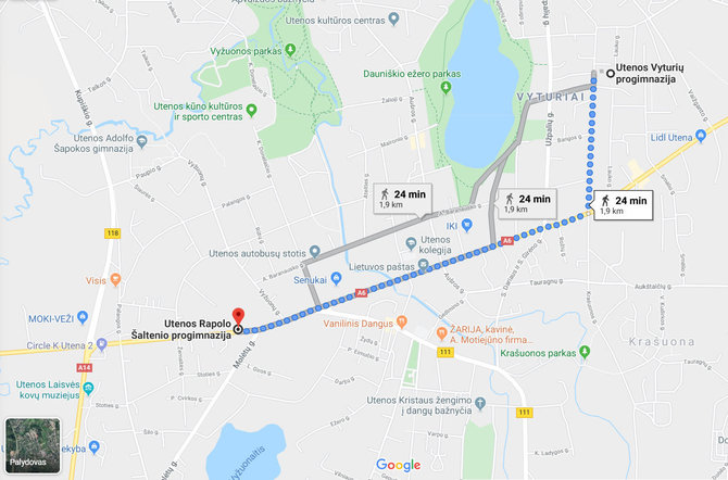 „Google maps“ nuotr./Atstumas tarp mokyklų Utenoje