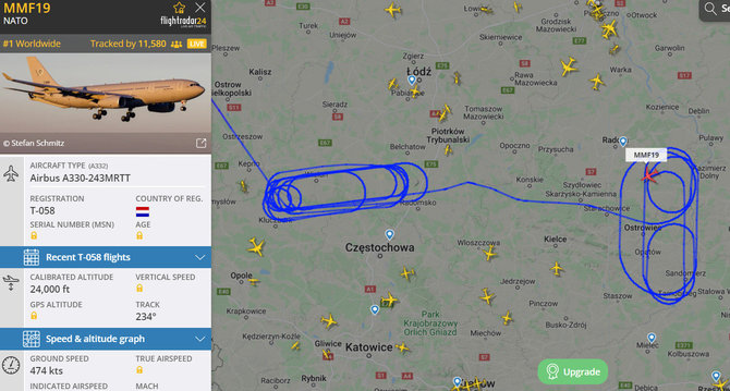 Flightradar24.com inf./Lėktuvas-degalų papildymo ore cisterna „Airbus A330 MRTT“