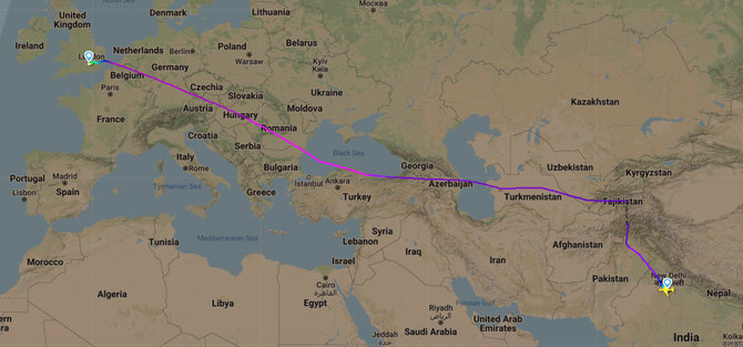 Flightradar24.com inf./Skrydis Londonas–Delis