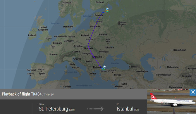 Flightradar24.com inf./Skrydis Sankt Peterburgas–Stambulas