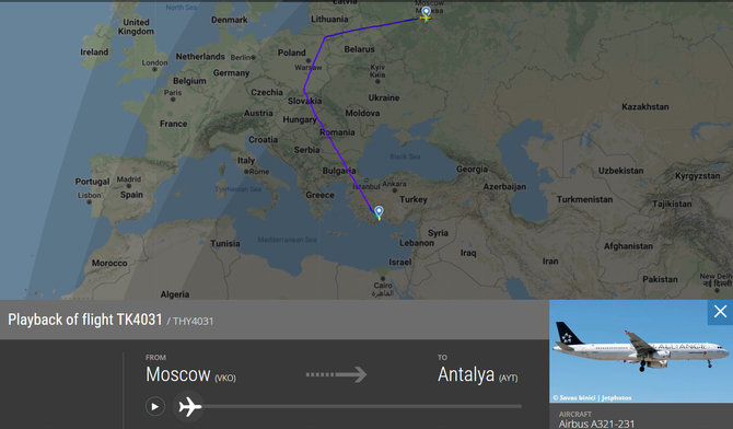 Flightradar24.com inf./Skrydis Maskva–Antalija