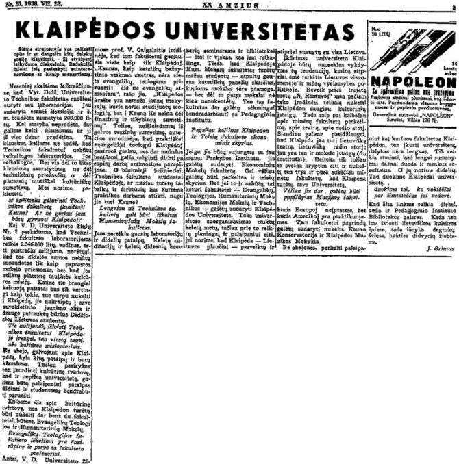 „XX amžius“ (Nr. 25)/Jono Griniaus straipsnis „Klaipėdos universitetas“