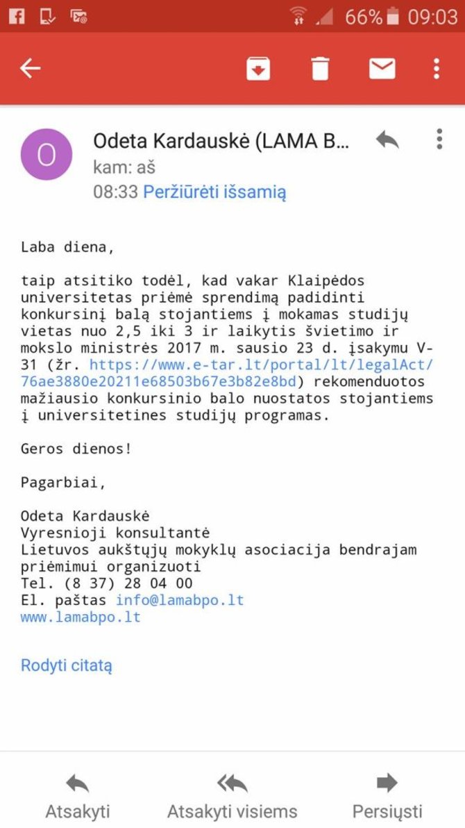 Skaitytojo nuotr./LAMA BPO laiškas būsimai studentei