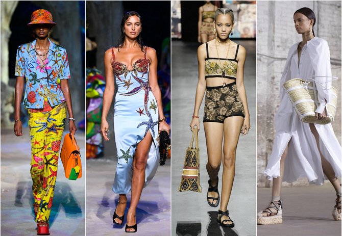 „Scanpix“/SIPA, „Scanpix“/„Zumapress“, „Scanpix“/„Capital Pictures“ nuotr./„Versace“ (1 ir 2 modeliai), „Christian Dior“, „Altuzarra“ 2021 m. pavasario ir vasaros kolekcijų modeliai